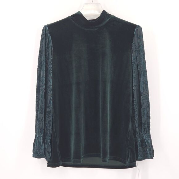 Calessa Mock Neck Blouse Top Large Green Velvet Burnout Whimsigoth Forest Fairy - Picture 1 of 6